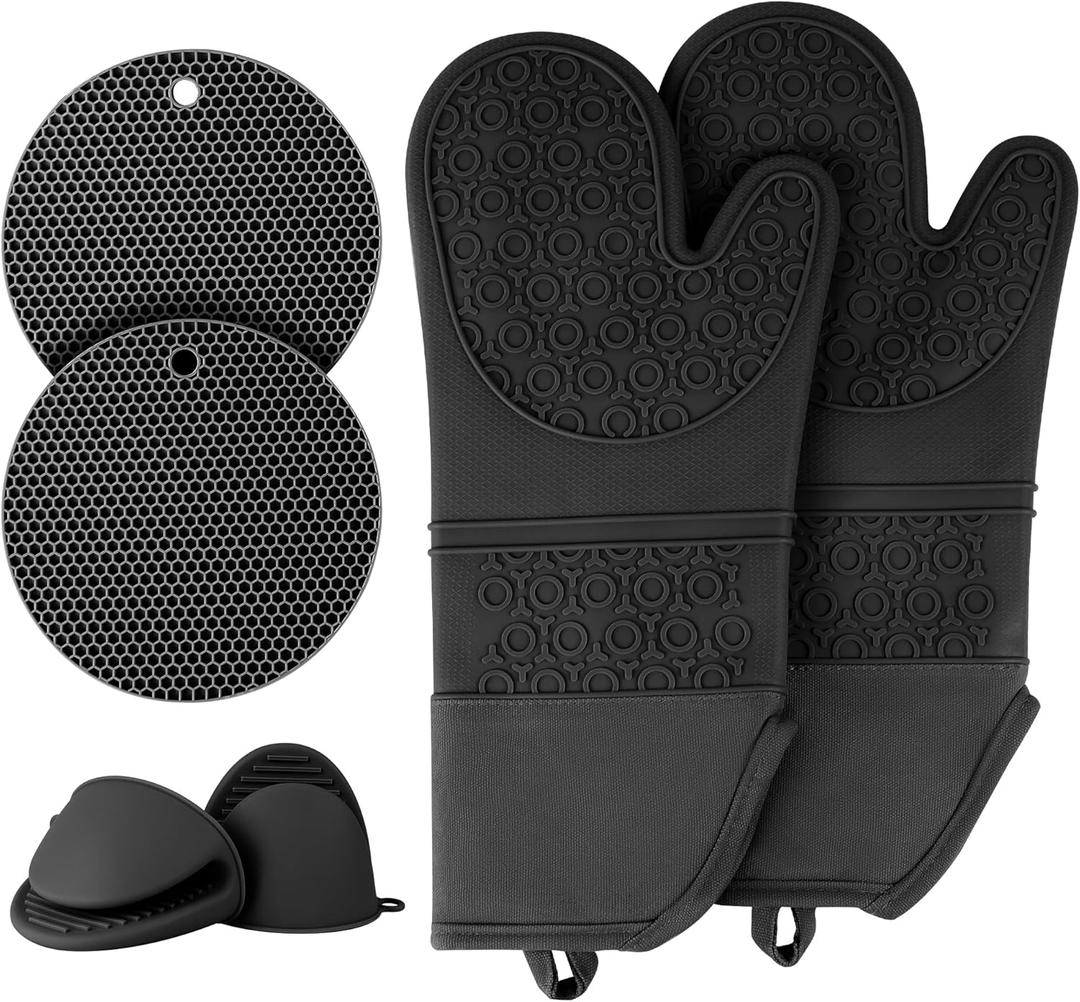 Silicone Oven Mitts and Pot Holders Set, 6Pcs Extra Long Oven Gloves with Non-Slip Hot Pads Potholders and Pinch Mitts, Pot Holders Set for Kitchen Baking Cooking (Black)