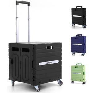 Folding Utility Cart Black Portable Rolling Crate Handcart Foldable Shopping Trolley Collapsible, with Lid, on Wheels, for Grocery, Garden, Office, Storage, Teacher, Tool (Black)