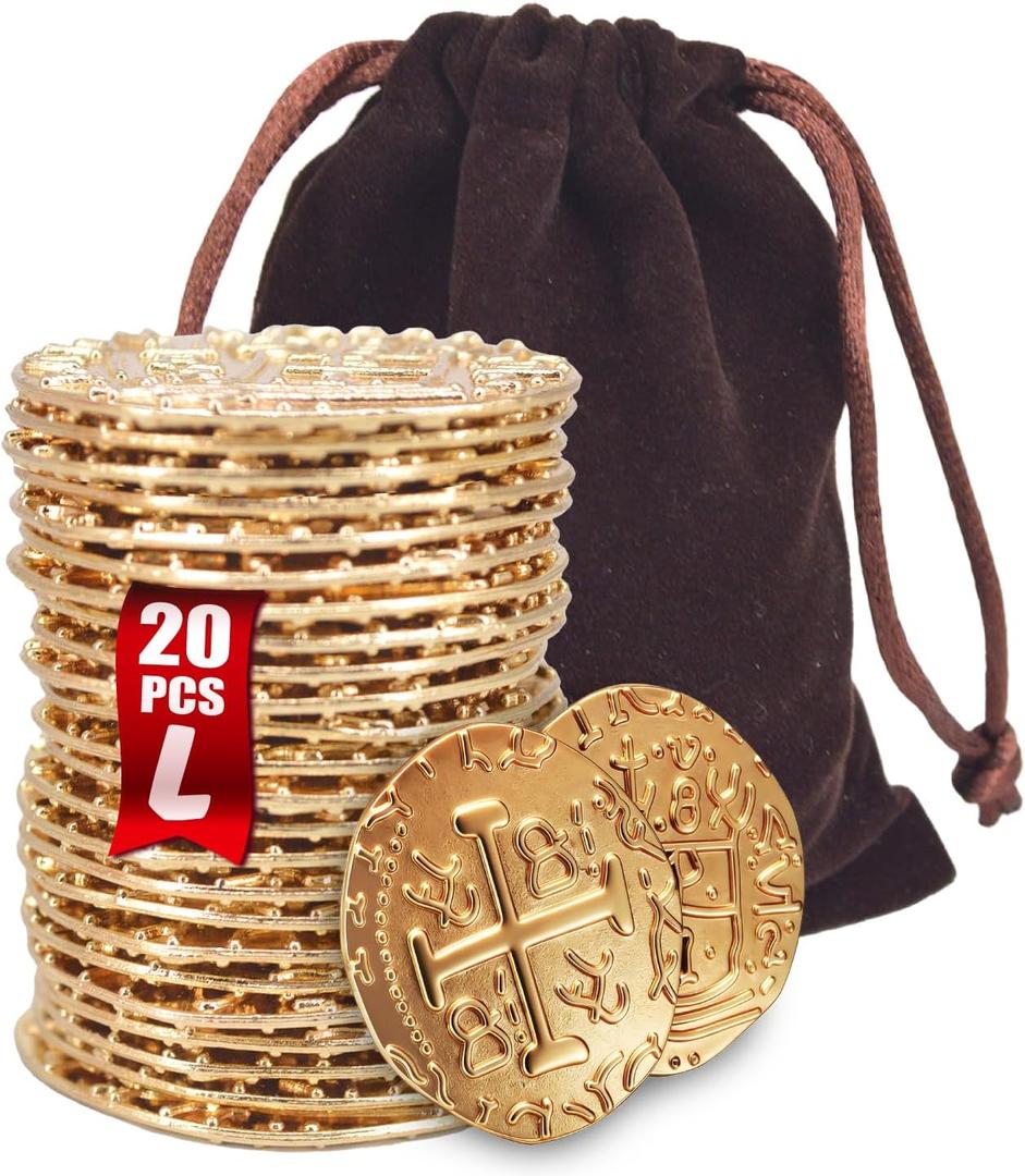 Large Metal Pirate Coins Gold Treasure Coin Set, Metal Replica Spanish Doubloons for Board Games, Tokens, Toys, Cosplay  Realistic Money Imitation for Treasure Chest -Large Size 1.18" (Gold 20 PCS)