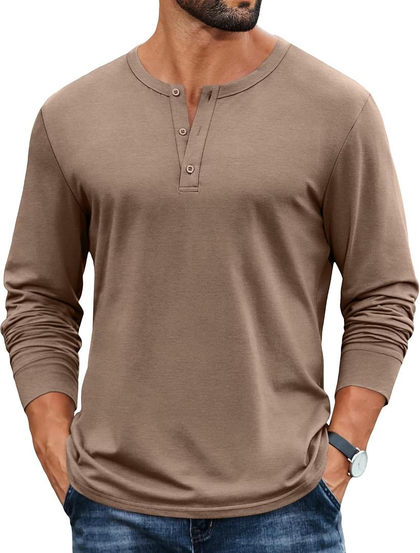 COOFANDY Mens Henley Shirts Cotton Long Sleeve V Neck Button Basic Tees Plain Casual Pullover (Brown, M)