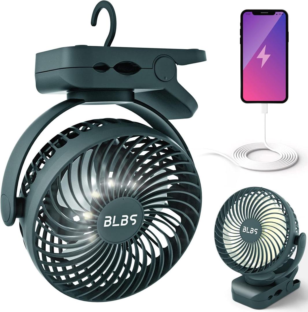 Rechargeable Camping Fan - 65H 12000mAh With Output Ports, Hanging Hook, 360 Head Rotation for Tents, Camp, Green