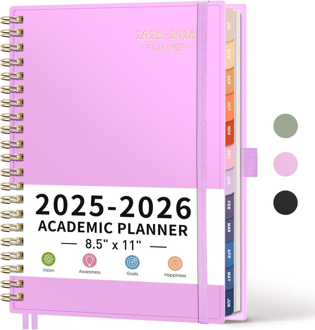 RETTACY Academic Planner 2025-2026, Weekly and Monthly, Large Size (8.5" x 11"), July 2025 - June 2026, for Women, Teacher, Student, School, 12-Month Tabs, Flexible Plastic Cover (Purple)
