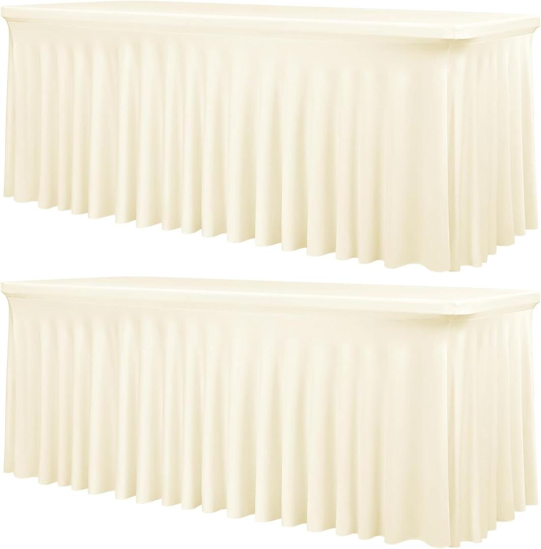 fani 2 Packs Ivory Stretch Table Skirts for 6 Foot Table | Spandex, Washable, Rectangle Tablecloths with Skirt, Wrinkle Resistant Fitted Tablecover, Wedding, Party, Banquet, 72" x 30"