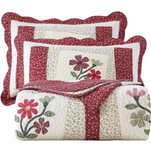vctops Christmas Red 3 Piece Embroidered Floral Quilted Bedspread Quilt Set 100% Cotton Reversible Patchwork Coverlet Set 1 Quilt and 2 Pillow Shams (Red,Queen)