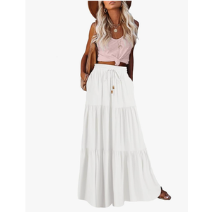 HAEOF Women's Summer Boho Maxi Skirt A-Line Flowy Ruffle Tiered Elastic High Waist Beach Long Skirts with Pockets, Size L