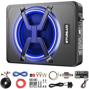 800W Slim Under Seat Powered Car Subwoofer Kit with Colorful LED Light,High/Low Level Input, Built-in Amplifier, and Car/Truck Audio System for Ultimate Sound Performance – Subwoofer and Amp Package