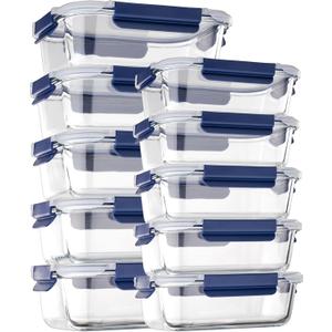 Glass Food Storage Containers with Lids Airtight, [10 Pack] Glass Meal Prep Containers, Storage Container Set with Bpa-free Lid for Food, Lunch Bento Box (Blue)