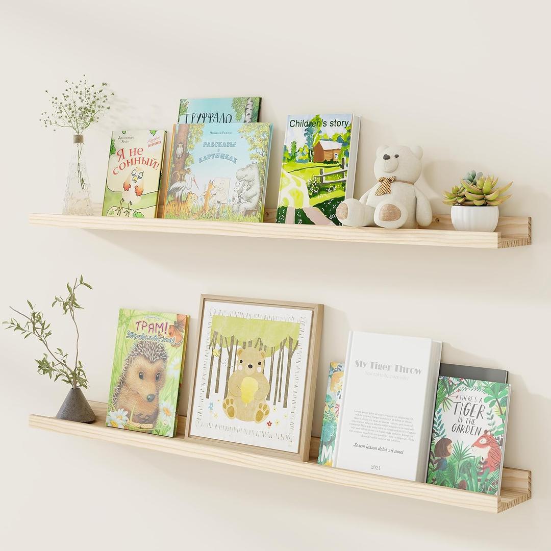 Fun Memories Picture Ledge Shelf, Pine Wood Floating Shelves Set of 2, 48 inch Nursery Book Shelves, Photo Ledge Book Shelves Wall Mounted for Living Room Kids' Room Bedroom - Natural, Flat Edge, 48inch, 2Pack