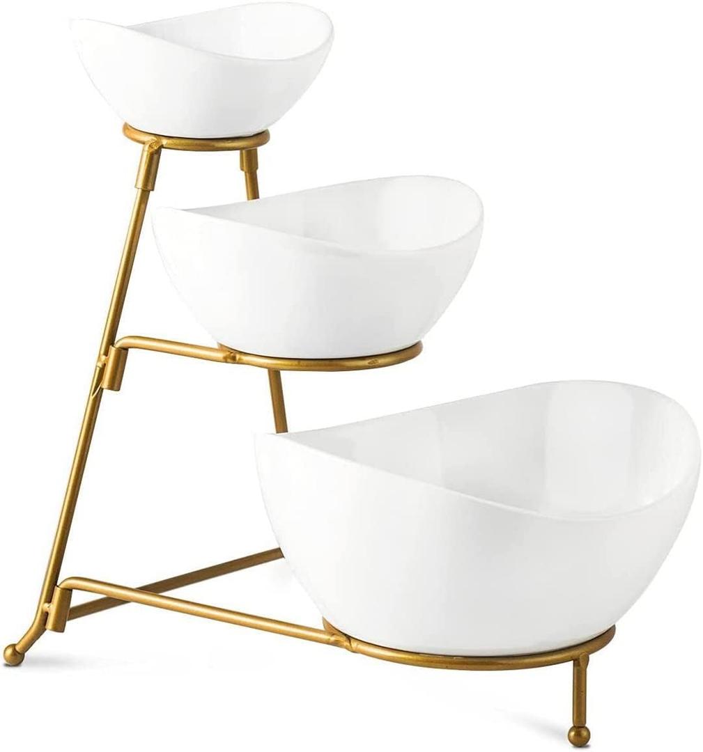Gomakren 3 Tiered Oval Serving Bowl With Collapsible Metal Rack, Chip and Dip Serving Set, Dessert Appetizer, Candy, Fruit, Vegetable Bowl Set, White Serving Bowls For Entertaining, (Gold Stand) (Golden Stand)