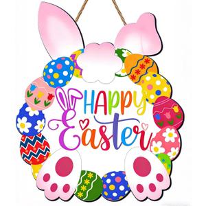 3 x Happy Easter Door Decoration Wooden Bunny Wreath for Front Door Sign Rabbit Egg Wreath Hanging for Home Wall Decor Easter Party Outdoor Indoor Supply