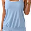 B2prity Tankini Swimsuit Tummy Control Blouson Two Piece Bathing Suit for Women Tank Top with High Waist Boy Shorts Swimwear (Large, Blue, Blue Leaf)