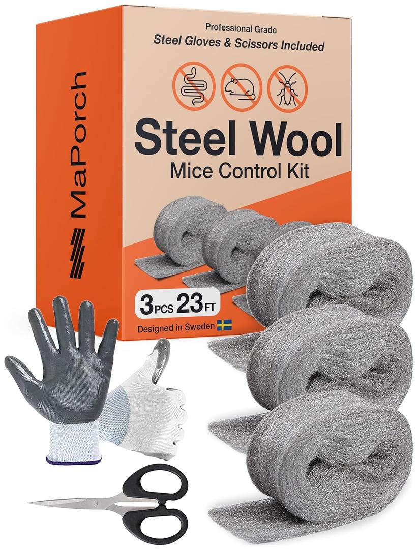MaPorch Steel Wool Mouse Hole Filler - 3-Pack, 2.5 in x 7.5 ft - Malleable Gap Sealer for Wall Gaps - Hole Sealer for Mice Control at Pipe Openings - DIY Kit with Gloves & Scissors
