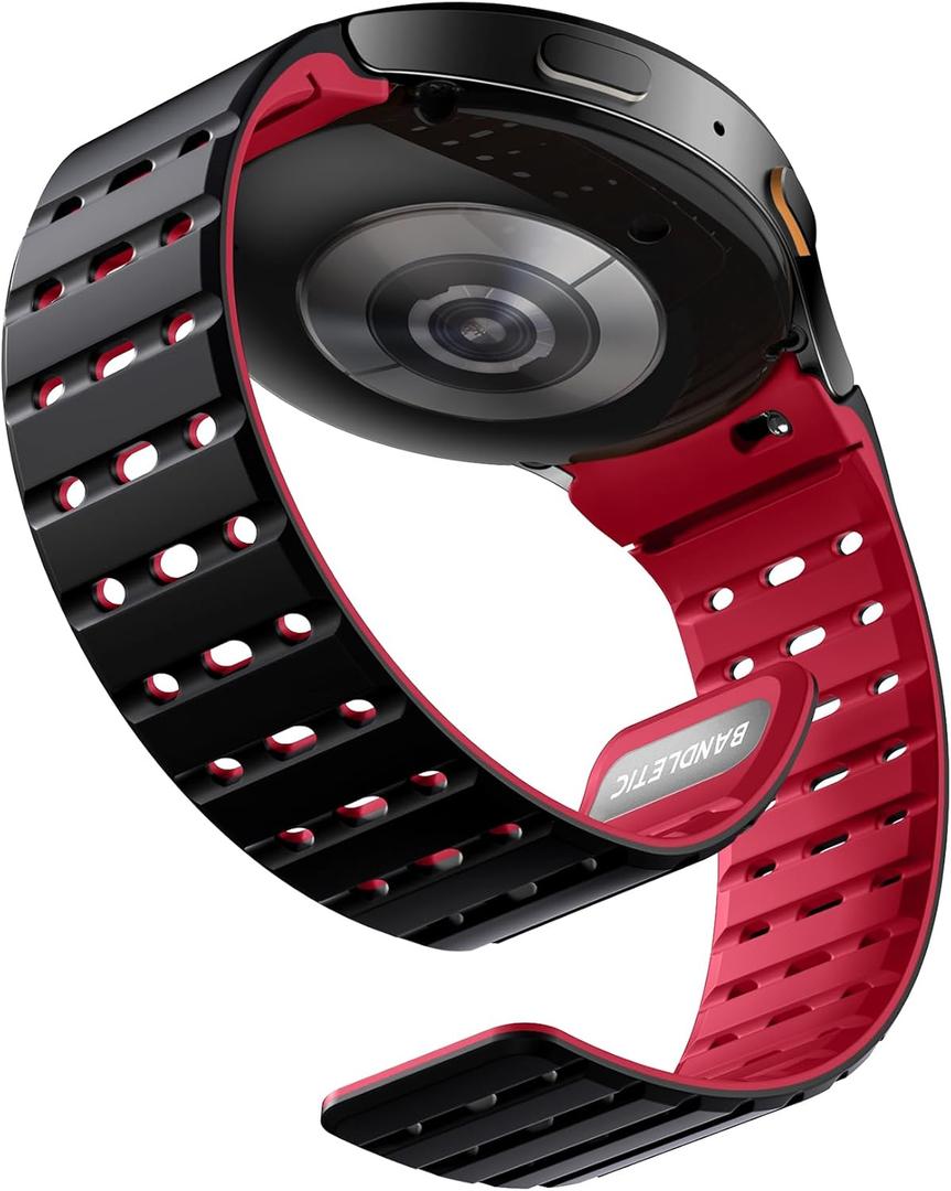 Bandletic Magnetic Silicone Band Compatible with Samsung Galaxy Watch 7 6 5 4 FE 40mm 44mm/for Galaxy Watch 6 4 Classic 43mm 47mm 42mm 46mm/Watch 5 Pro 45mm, 20mm No Gap Sport Strap for Men Women (Black/Red)