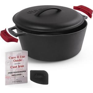 Cuisinel Cast Iron Dutch Oven - 7-Quart Deep Pot + Lid + Pan Scraper + Handle Covers - Large Pre-Seasoned Cooker for Baking Bread, Soup, Frying - Indoor/Outdoor Kitchen, Camping, Fire, BBQ Safe (7-Qt, braiser lid)