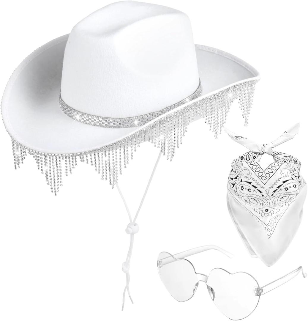 Homaisson White Cowgirl Hat for Women, Sparkly Cowboy Hat with Sunglasses Bandanas Glitter Cowgirl Hat for Themed Party Costume (White)