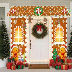 Christmas Gingerbread Door with Lights Cardboard Cover Decorations,Gingerbread House Candy Porch Banner Sign for Xmas Holiday Classroom Office Home Party Decor (Green Brown)