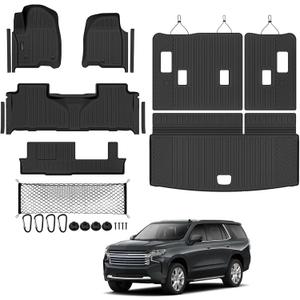 Tongama-Floor Mats for 2021-2025 2026 Chevy Tahoe/GMC Yukon 8 Seats with Bench Seats, All Weather TPE Trunk Mat & 3rd Row Backrest Mats & Cargo Net & Door Sill Guards for Tahoe Floor Liner Accessories