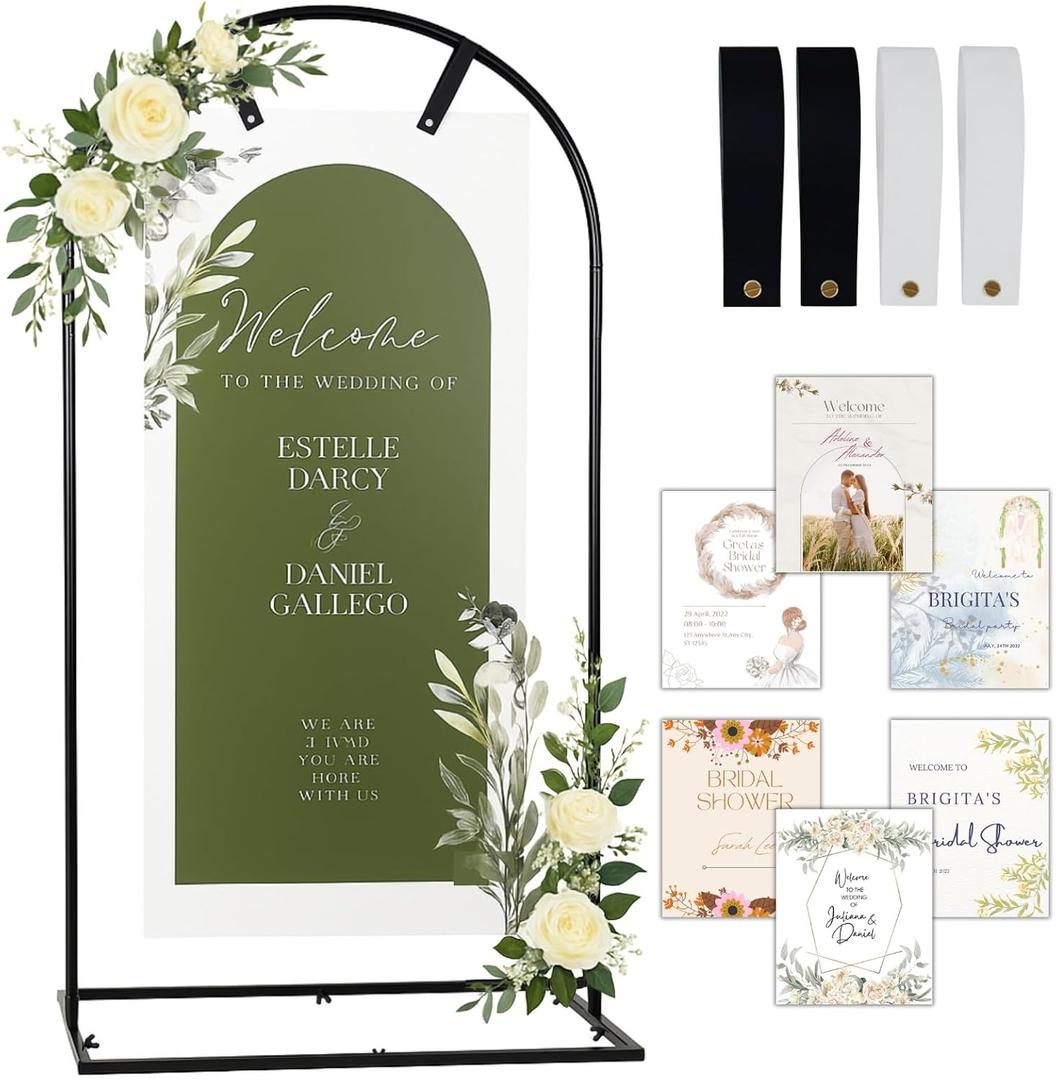 Welcome Sign Stand, Adjustable Sign Holder Stand w/ Poster Design Templates & Leather Straps, Heavy Duty Metal Easel for Wedding, Bridal Shower, Birthday Party, Baby Shower, 68" x 30" x 20"