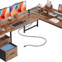 PRAISUN 63 Inch L Shaped Desk with Power Outlets and USB-C Port, Computer Corner Home Office Desk with File Fabric Drawers and Movable Monitor Stand, Larger Storage, Gaming, Writing, Rustic Brown
