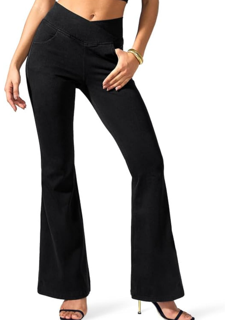 Rammus Flare Jeans for Women Crossover High Waisted Bell Bottom Jeans Trendy Yoga Pants Stretchy Flare Leggings with Pockets, 32 S