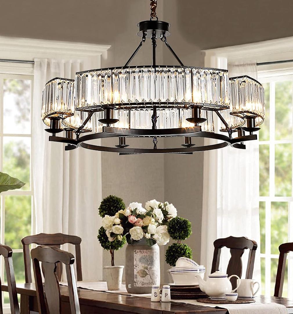 Farmhouse Crytal Chandeliers Dining Room Pendant Light Fixture Black Chandelier with K9 Crystal for Living Room Dining Room Foyer High Ceiling (31 Inch)