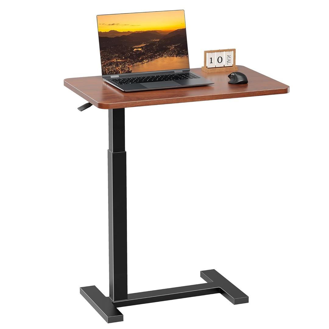 Adjustable Overbed Table with Wheels, Rolling Laptop Table, Pneumatic Adjustable Hospital Bedside& Home Use Bed Table, Mobile Standing Desk, Brown