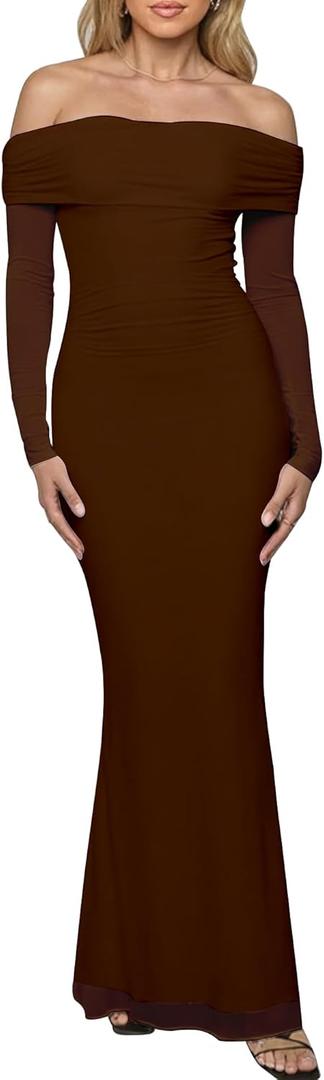 BORIFLORS Women's Elegant Off The Shoulder Bodycon Long Sleeve Maxi Dress Mesh Cocktail Party Wedding Guest Formal Dresses (Large)