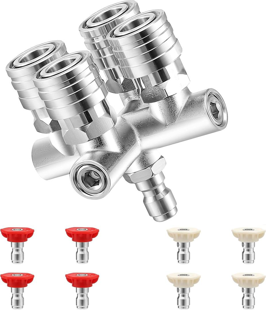 4-in-1 Pressure Washer Tips, Quadruple Pressure Washer Nozzle, 4 Nozzle for Pressure Washer with 8PCS Pressure Washer Spray Nozzles (0 Degree Red & 40 Degree White), 1/4 Inch Quick Connect, 5000 PSI