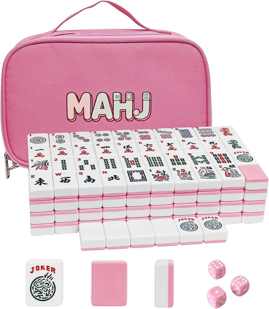 Pink American Mahjong Tile Set - 166 Mahjong Tiles 1.2-inch Engraved Mahjong Sets Cute, Portable Mahjong Game with Carrying Bag and 3 Dices, for Family Game Night