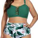 Daci Women Plus Size Two Piece Swimsuit - High Waisted Bikini Tummy Control Bathing Suit Bandeau Swimwear (Green, Size: 18 Plus)
