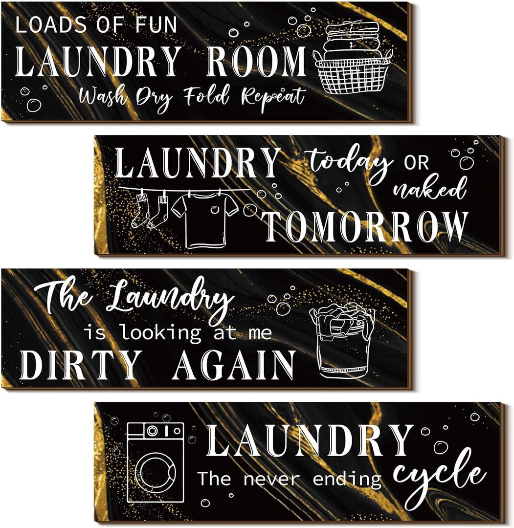 Yulejo 4 Pcs Laundry Room Wall Decor Funny Wooden Sign with Humorous Quotes Rustic Farmhouse Decoration for Laundry Room Bathroom Restroom Washroom Toilet Home