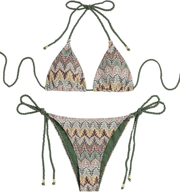 ZAFUL 2 Piece Triangle Bikini for Women Knitted Rope Halter Bikini Sets Sexy Bathing Suit Side Tie Swimsuits Beachwear S