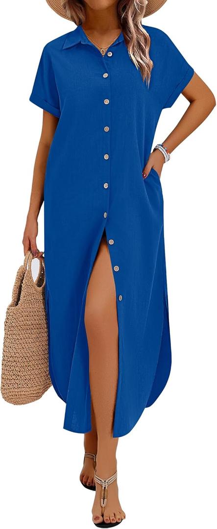 Zeagoo Womens Dresses Casual Summer Short Sleeve Button Down Long Shirt Dresses Swimsuit Beach Cover Ups with Pockets, Blue, Small