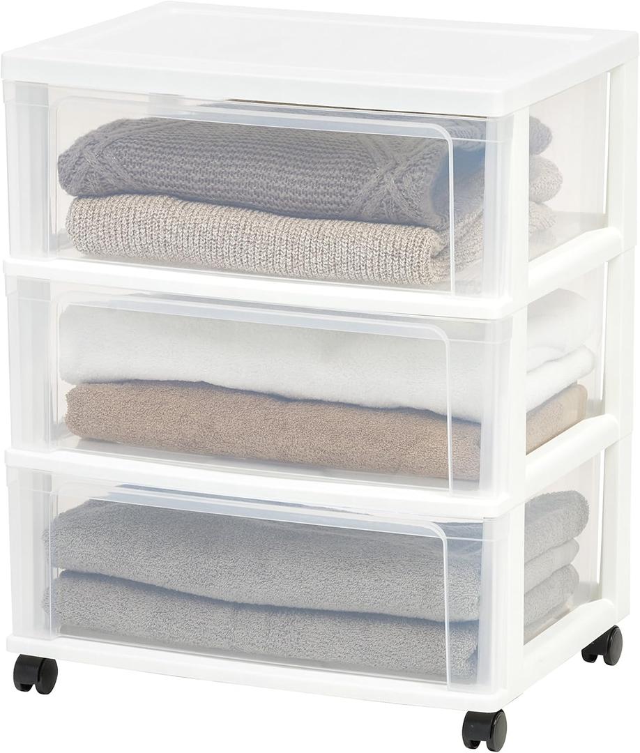 IRIS USA Plastic Drawer Storage Organizer Rolling Cart, with Wheels Casters, 3-Drawers, for Art Craft Supplies Bathroom Dorm Bedroom Laundry Room, Wide, White