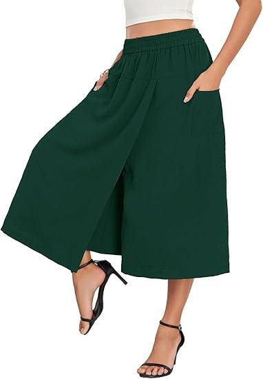 Women's High-Waisted Relaxed Fit Capri Culottes Skorts Flowy Palazzo Pants Skirt Pant with Pockets XL