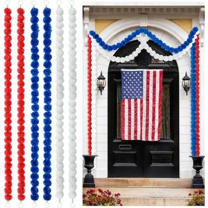 Riceshoot 6 Pcs 4th of July Garland Patriotic Decorations 30 ft Fourth of July Red Blue and White Party Decor Artificial Marigold Flowers for Independence Day Front Door Porch Table Centerpieces