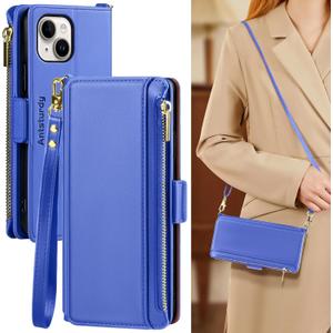 Antsturdy Compatible with iPhone 15 Plus Wallet Case for WomenRFID Blocking Crossbody Phone Case PU Leather Zipper with Wrist Strap Flip Cover Credit Card Holder for Apple 15 Plus 6.7" Purple Blue