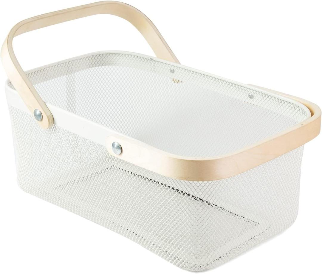 Self of 4 Portable Garden Harvest Basket-Mesh Design Natural Bamboo Handle Wire Storage Baskets,Mesh Basket with Handle Organize Items Reduce Space Occupation,Suitable for Kitchen,Garden,Picnic(White) 