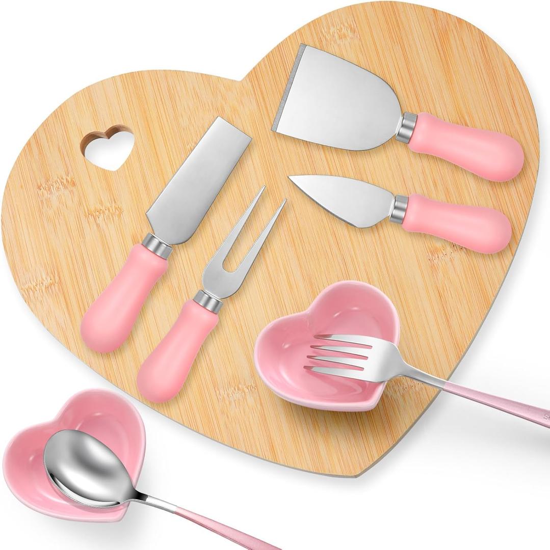 Maxcheck 9 Pcs Valentine Heart Shaped Charcuterie Board and Serving Set Including Bamboo Cutting Board Heart Ceramic Bowls Dishes 4 Pcs Cheese Knives and Spoon Fork for Wedding Party(Pink)