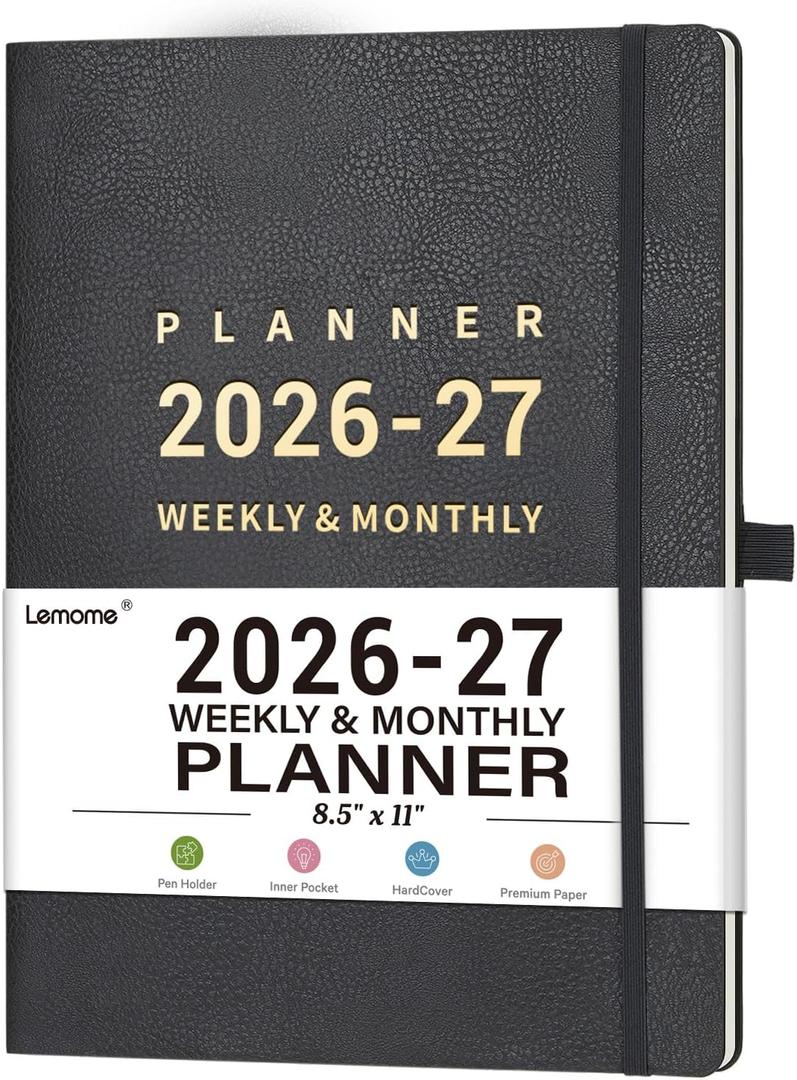 Planner 2026-2027 - 8.5" x 11" 2026-2027 Planner Weekly and Monthly, July 2026 - June 2027, Faux Leather Cover, Pen Holder, Pocket, 25 Notes Pages, A4 Premium Paper - Gray