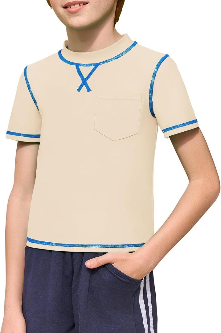 Haloumoning Boys Athletic Short Sleeve T-Shirts Kids Quick Dry Rash Guard Swim Shirt Tops Tees 5-14 Years , Khaki