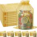 Windyun 100 Pcs Gold Large Organza Bags Bulk 12 x 8 Inch Sheer Mesh Drawstring Gift Packaging Pouch Bags for Christmas Wedding Game Party Favor Supplies