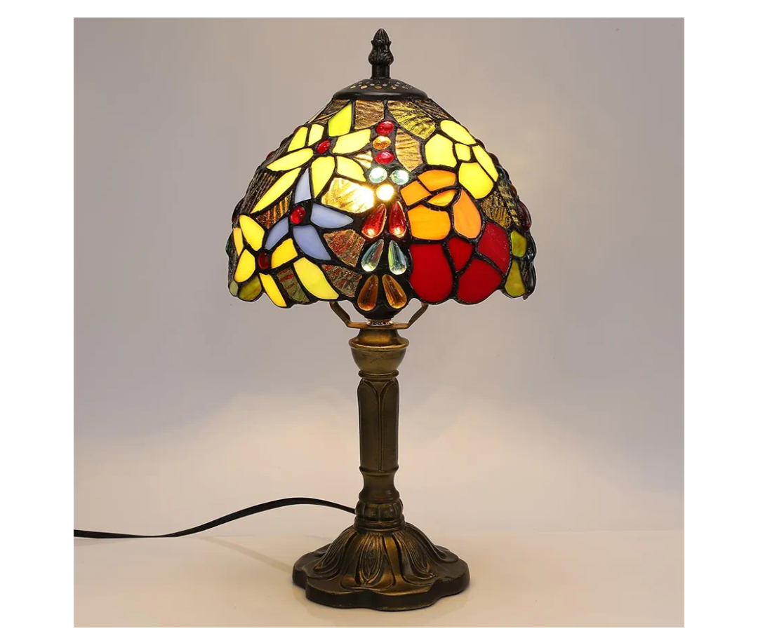 Tiffany Small Table Lamp 3 Color Temperatures Rose and Beads Stained Glass Bedside Nightstand Table Lamps for Bedroom,Living Room,Home Office Reading Desk Lamp+LED Bulb 8X8X15 Inch