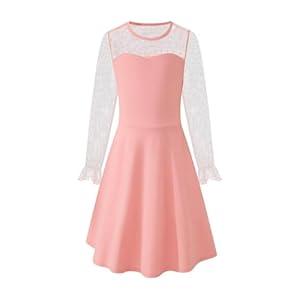 Little Bitty Girls Dresses Contrast Mesh Puff Long Sleeve A-Line Twirly Tulle Birthday Formal Party Dress Pink 8-9Y