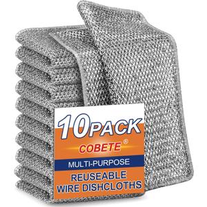 COBETE Non Scratch Wire Dishcloth,Double-Layer Wire Dishwashing Rags for Wet and Dry,Wire Miracle Cleaning Towels and Dish Cloths Multipurpose for Washing Dishes,Cookware, Sinks,Stove Tops,Pack of 10