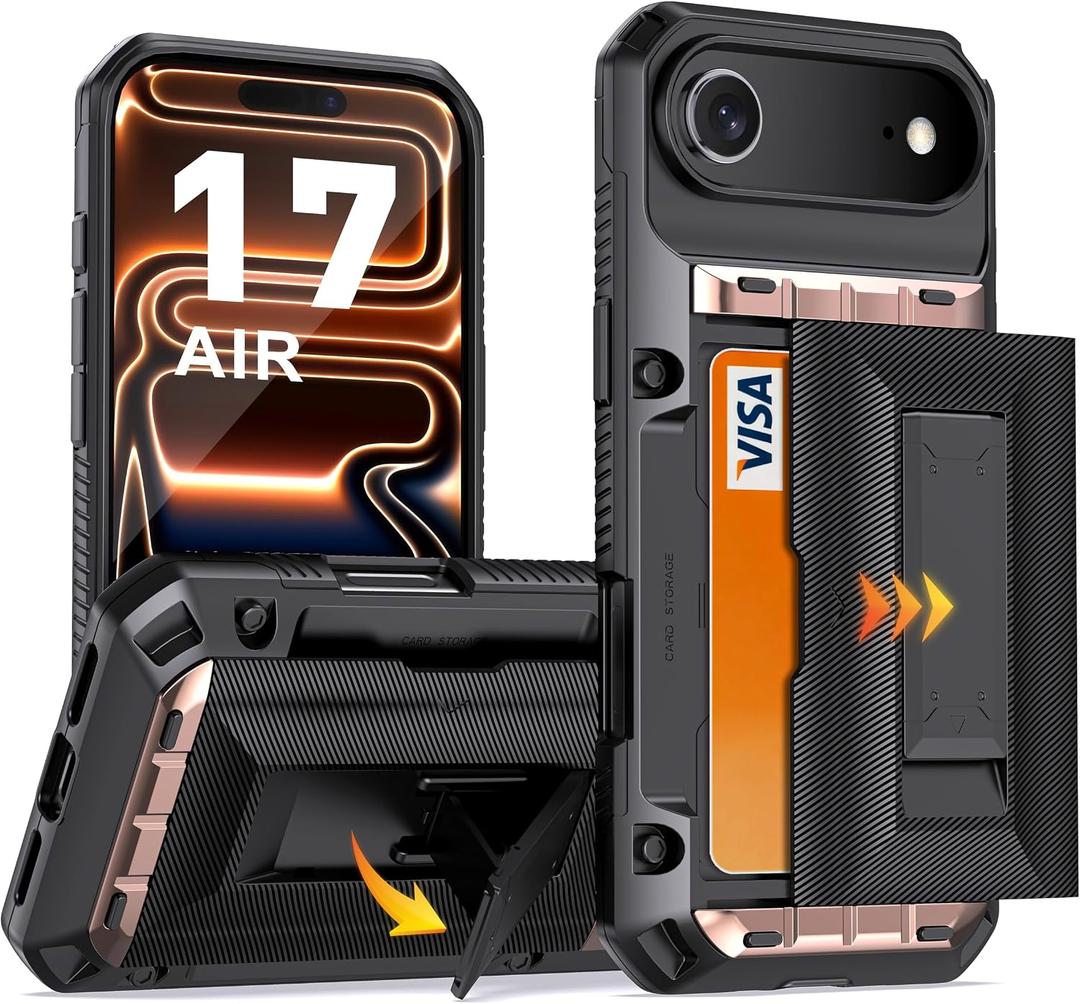 Wallet for iPhone 17 Air Case with Card Holder & Kickstand, [4-5 Cards Slot] 15FT Military-Grade Shockproof Rugged Protective Wallet Cover, Heavy Duty Armor Phone Case for iPhone 17 Air (Black)