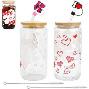 2 Pcs Valentine's Day Glass Cups 16 oz Color Changing Cups with Lids & Straws Iced Coffee Tumbler Drinking Mug with Printed love you Red Heart for Galentines Couple Wedding Anniversary Birthday Gifts