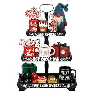 Cinnvoice Christmas Hot Chocolate Bar Wood Cocoa Station Decorative Storage Box 3 Tier Chocolate Station Farmhouse Christmas Decorations for Home Office Kitchen Winter Gift (Black)