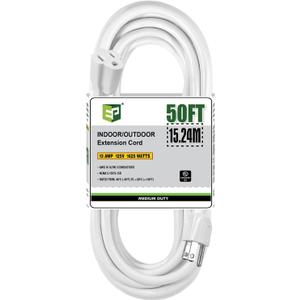 EP 50 Ft Outdoor Extension Cord - 16/3 SJTW White Electrical Cable with 3 Prong Grounded Plug, UL Listed (50ft)