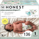 The Honest Company Clean Conscious Diapers for Sensitive Skin | Hypoallergenic, Fragrance Free | Gender Neutral Prints | Club Box, Size 1 (8-14 lbs), 136 Count